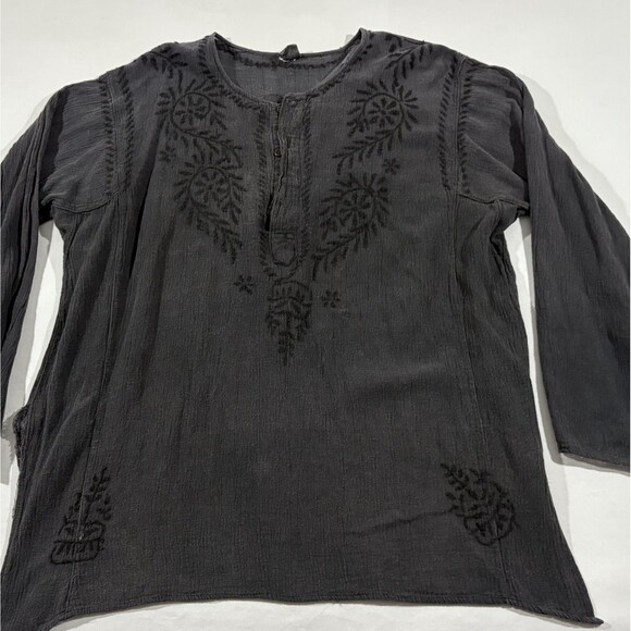 Geeta Black Embroidered LS Tunic Top Gauzy Bohemian Festival Blouse One Size - Picture 2 of 10